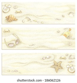 Set of banners summer beach background, colorful hand-drawn illustration. 
