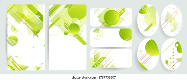 Set banners summer ecology poster triangle vector futuristic light minimal geometric hipster white background. Green and yellow lines and points gradient natural