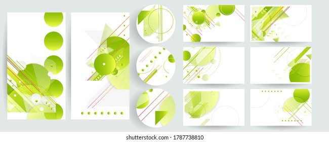 Set banners summer ecology poster triangle vector futuristic light minimal geometric hipster white background. Green and yellow lines and points gradient natural