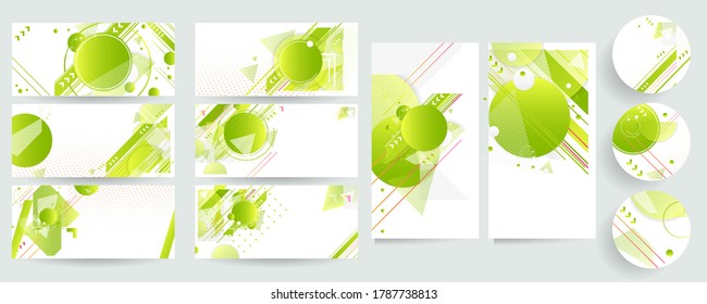 Set banners summer ecology poster triangle vector futuristic light minimal geometric hipster white background. Green and yellow lines and points gradient natural