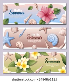 Set of banners for summer sale.. Background with tropical flowers, starfish and shells. Suitable for banners, posters, backgrounds.