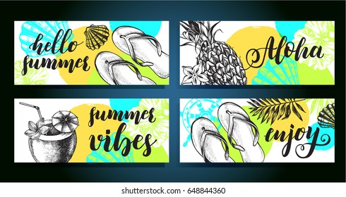 Set of banners for summer and vacation theme. Background with Ink hand drawn elements. Template for cards, labels with modern brush calligraphy style lettering. Vector illustration.