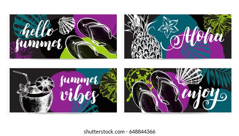 Set of banners for summer and vacation theme. Background with Ink hand drawn elements. Template for cards, labels with modern brush calligraphy style lettering. Vector illustration.