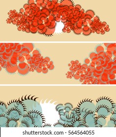 set of banners with Sun and clouds in japanese style in blue and red shades