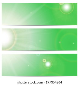 Set of banners with the sun and sunlight on a green background with space for your text