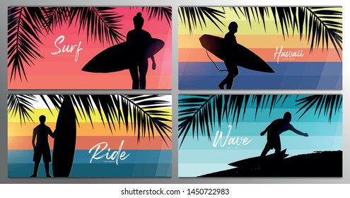 Set banners of Surfers with surfboards on colorful gradient background with palm leaves