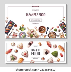 Banners con sushi, sopa miso, ramen, onigiri, dango, mochi, té matcha. Comida japonesa, comida saludable, cocina, concepto de menú. Ilustración vectorial. Cartel, promoción, volante, publicidad.