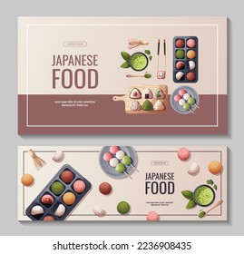 Set of Banners with sweet Mochi, dango, matcha tea, onigiri. Japanese food, healthy eating, cooking, menu, sweet food, dessert concept. Vector illustration. Banner, flyer, promo, advertising. 
