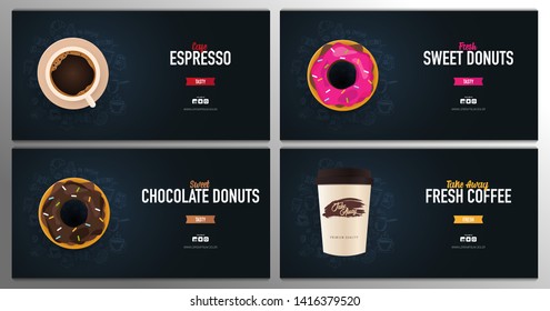 Set of banners. Take Away, Cup of Coffee and sweet donuts ads with hand draw doodle background