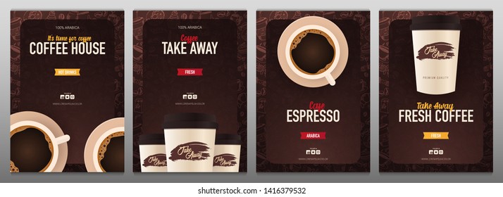 Set of banners. Take Away and Cup of Coffee ads with hand draw doodle background