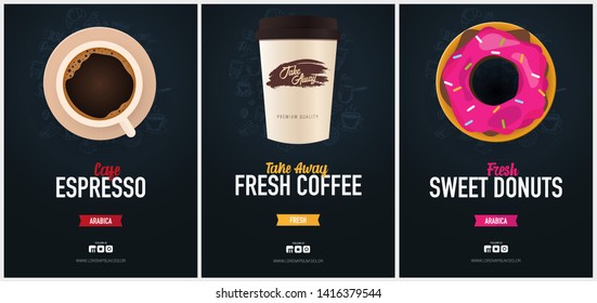Set of banners. Take Away, Cup of Coffee and sweet donuts ads with hand draw doodle background