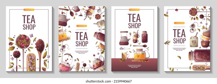 Set of banners with teapots, jar of loose tea, teacups. Tea shop, break, cafe-bar, tea lover, tea party, beverages concept. A4 Vector illustration for poster, banner, flyer, menu, advertising. 