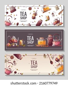 Set of banners with teapots, jar of loose tea, teacups. Tea shop, break, cafe-bar, tea lover, tea party, beverages concept. Vector illustration for poster, banner, flyer, menu, advertising. 