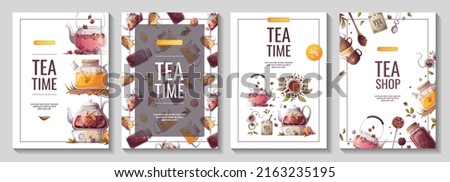 Set of banners with teapots, jar of loose tea, teacups. Tea shop, break, cafe-bar, tea lover, tea party, beverages concept. A4 Vector illustration for poster, banner, flyer, menu, advertising. 