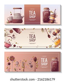 Set of banners with teapots, spoons and jar of loose tea, teacups. Tea shop, cafe-bar, tea party, beverages, kitchen concept. Vector illustration for poster, banner, flyer, menu, advertising. 