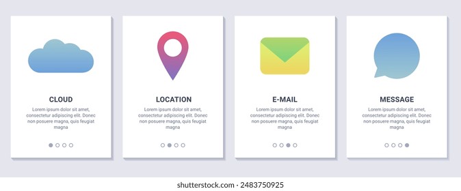 Set of banners with technology icons - cloud, location, email and message. Mobile application advantages. Tag, pin. Envelope or letter. Bubble chat. Interface. Gradient colors. Vector illustration
