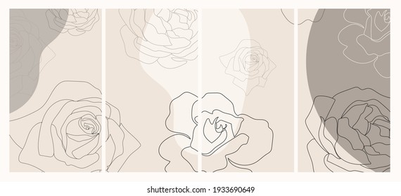 Set of banners template with flowers drawn one continuous lines and abstract mini mastic shapes in pastel colors. Social media promotion design in trendy style. 