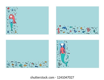 Set of banners template of underwater in doodle style. Vector illustration.