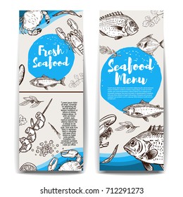 Set Of  Banners Templates With Hand Drawn Fish And Sea Animals. Seafood. Design Elements For Menu, Banner, Flyer. Vector Illustration