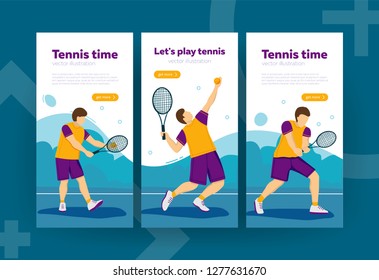 Set of banners tennis player with tennis racket, flat style vector illustration on blue background. Banner, site, poster template with copy text space. Sport concept.