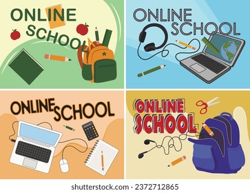 Set of banners with text ONLINE SCHOOL on color background