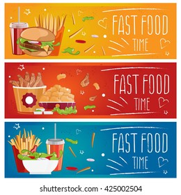 Set of banners for theme fast food with hamburgers,fries,cola and chicken nuggets. Vector illustration