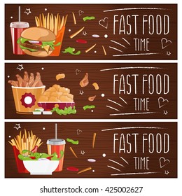 Set of banners for theme fast food with hamburgers,fries,cola and chicken nuggets. Vector illustration