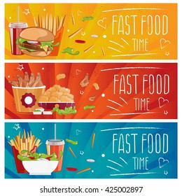 Set of banners for theme fast food with hamburgers,fries,cola and chicken nuggets. Vector illustration