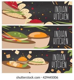 Set of banners for theme indian cuisine with different tastes flat design on chalkboard. Vector illustration