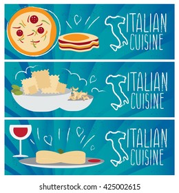 Set of banners for theme italian cuisine with different tastes flat design. Vector illustration