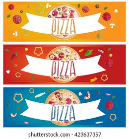 Set of banners for theme pizza with different tastes flat design. Vector illustration