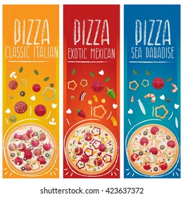 Set of banners for theme pizza with different tastes flat design. Vector illustration