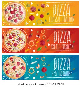 Set of banners for theme pizza with different tastes flat design. Vector illustration