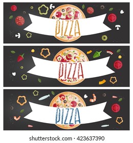 Set of banners for theme pizza with different tastes flat design on chalkboard. Vector illustration