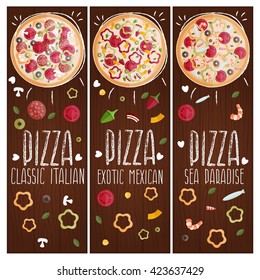 Set of banners for theme pizza with different tastes flat design on wood. Vector illustration