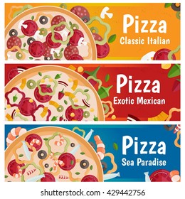 Set of banners for theme pizza with different tastes flat design. Vector illustration