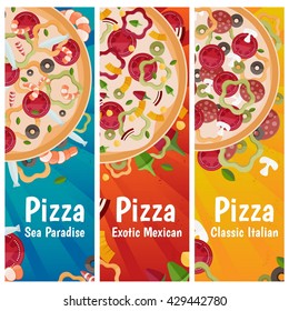Set of banners for theme pizza with different tastes flat design. Vector illustration