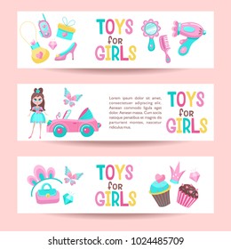 Set of banners. Toys and accessories for girls. Pink convertible, hair dryer, mirror, smartphone, comb, diamonds, handbags, tiara, cakes. Vector illustration.