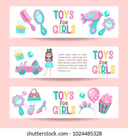 Set of banners. Toys for girls. In pink and blue color. Hair care set, convertible, pretty girl, mirror, shoes, handbag, diamond, tiara, cake.