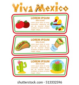 Set of banners with traditional Mexican dishes. Labels for tourist promotional materials.