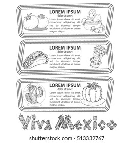 Set of banners with traditional Mexican dishes. Labels for tourist promotional materials.