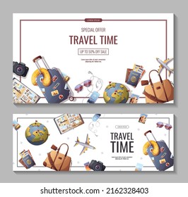 Set Of Banners For Travel, Tourism, Adventure, Journey. Suitcase, Airplane And Globe, Camera, Travel Bag, Travel Journal, Passport And Tickets. Vector Illustration, Flyer, Cover, Banner Template.