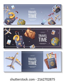 Set of banners for travel, tourism, adventure, journey. Suitcase, airplane and globe, camera, travel bag, travel journal, passport and tickets. Vector illustration, flyer, cover, banner template.