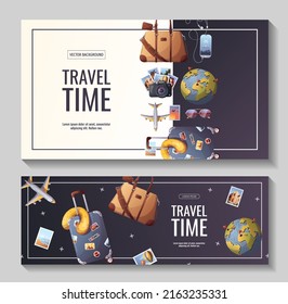 Set of banners for travel, tourism, adventure, journey. Suitcase, airplane and globe, camera, travel journal. Vector illustration, flyer, cover, banner template.