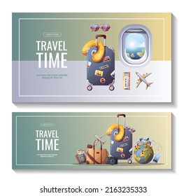 Set Of Banners For Travel, Tourism, Adventure, Journey. Suitcase, Airplane And Globe, Camera, Travel Bag. Vector Illustration, Flyer, Cover, Banner Template.