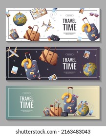 Set of banners for travel, tourism, adventure, journey. Suitcase, airplane and globe, camera, travel bag, travel journal, passport and tickets. Vector illustration, flyer, cover, banner template.