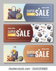 Set of banners for travel, tourism, adventure, journey. Suitcase, airplane and globe, camera, travel bag, passport and tickets. Vector illustration, flyer, cover, banner template.