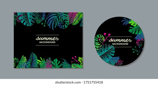 Set of banners with tropical leaves on a dark background.