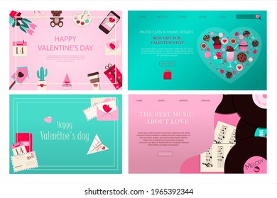 Set of banners for valentine s day. Romantic picture in pink, turquoise and red. A music store with records and songs for the holiday of all lovers. Vector illustration for the app, website and