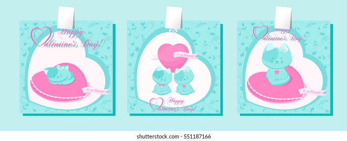 Set of banners Valentines Day with symbols hearts and cute cat for concept design poster, greeting card or invitation. Cartoon style. Vector illustration.